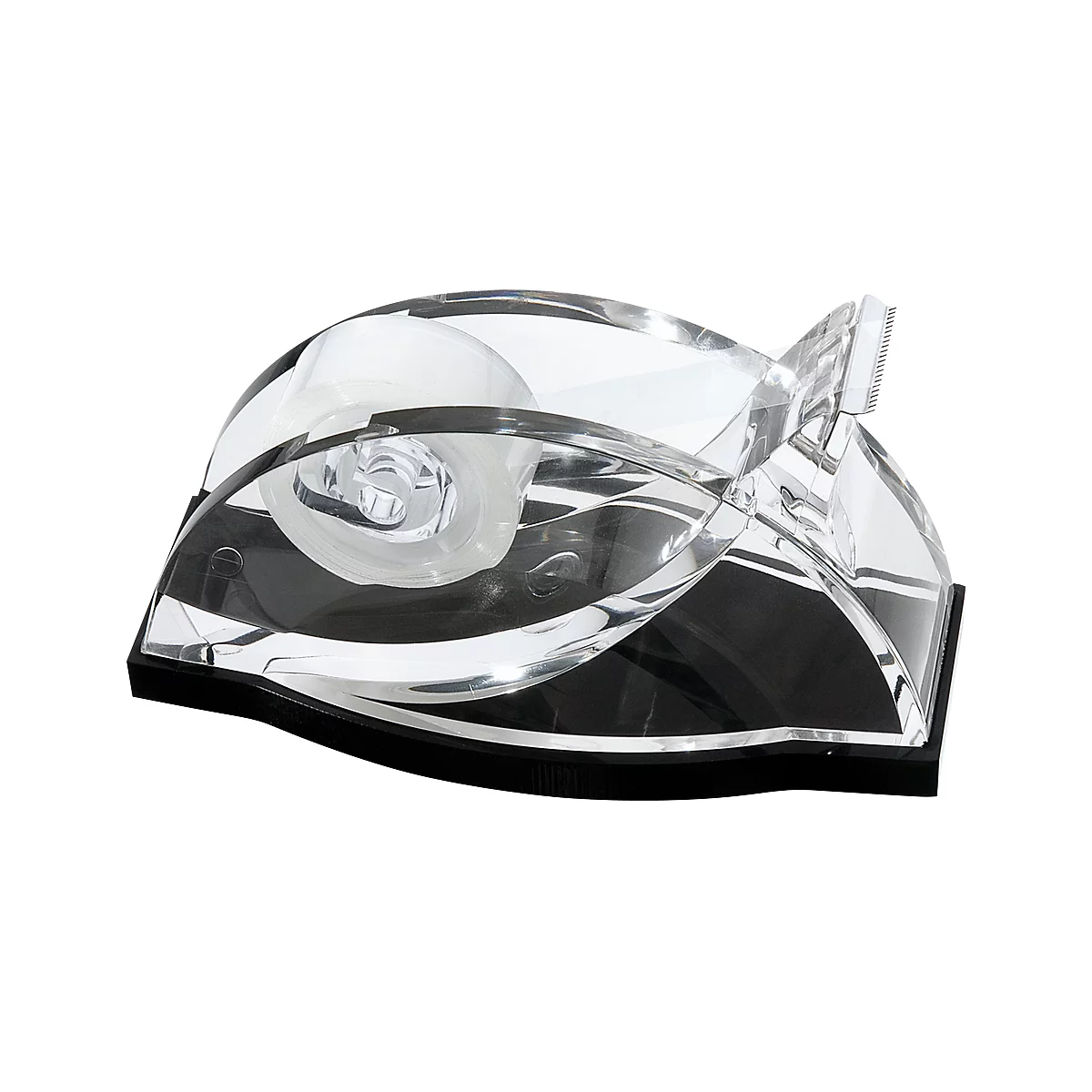 Transparent tape dispenser with black base and integrated blade.