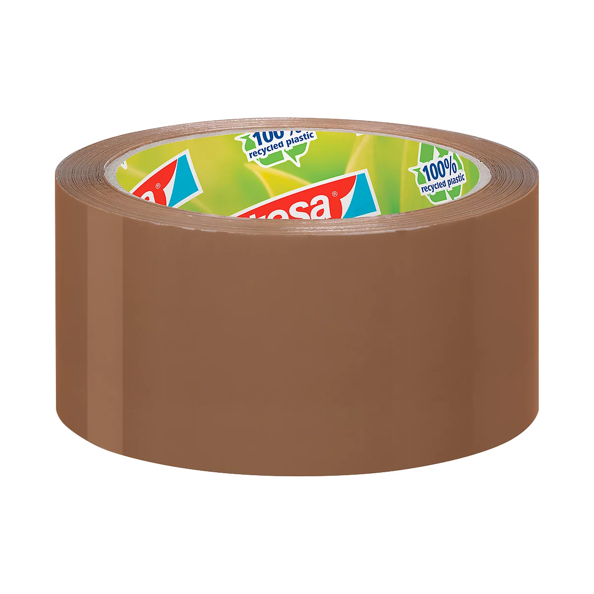 Brown packing tape with logo, against white background. Printed "100% recycled plastic".
