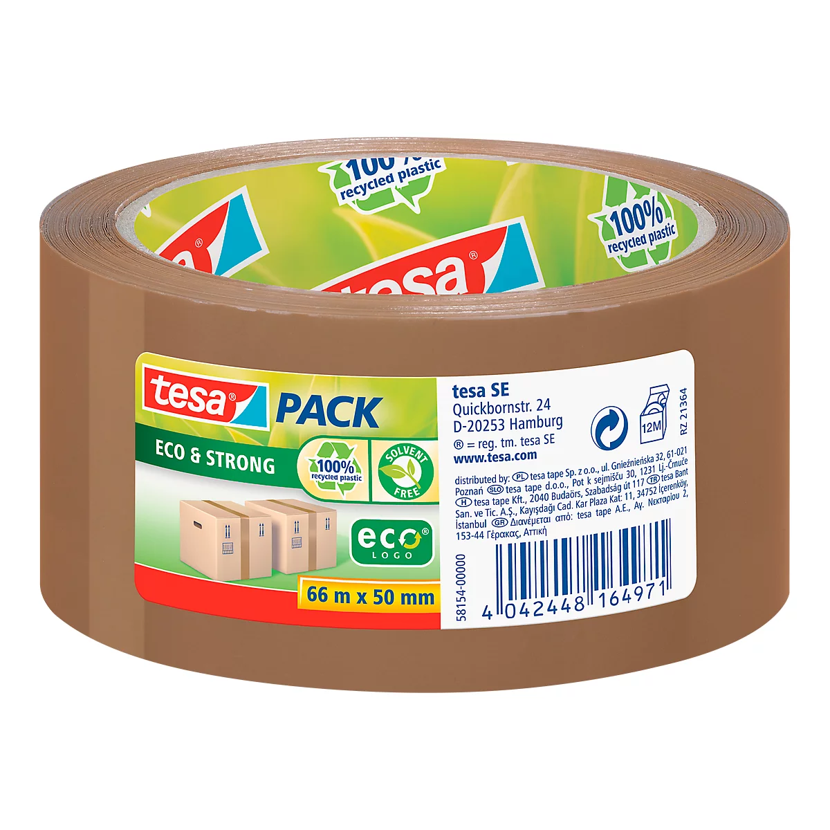 Brown packing tape labeled with 'tesa PACK ECO & STRONG'. Label with product information and eco-friendly logos.