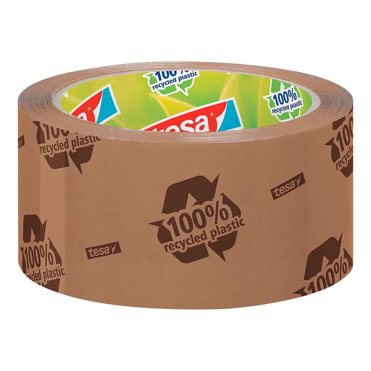 Brown packing tape with "Tesa" logo and the text "100% recycled plastic".