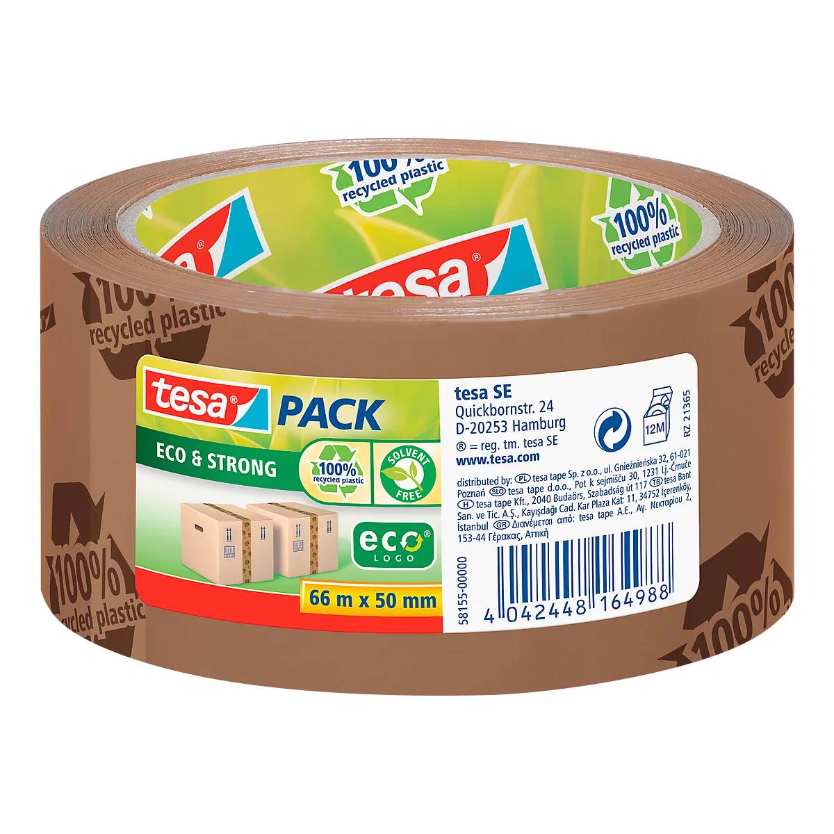 Brown tape roll, printed with 'tesa PACK ECO & STRONG'. It features logos for recycled material.