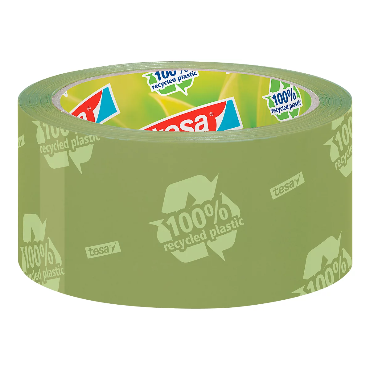 Transparent tape with green print and the words "100% recycled plastic".