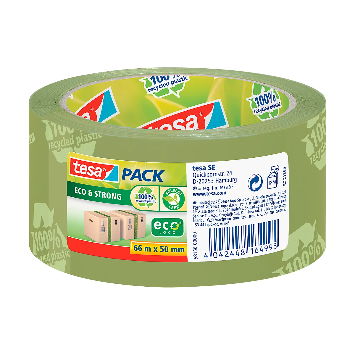 Roll of green packing tape with text. It says 'tesa PACK' and 'ECO & STRONG'.