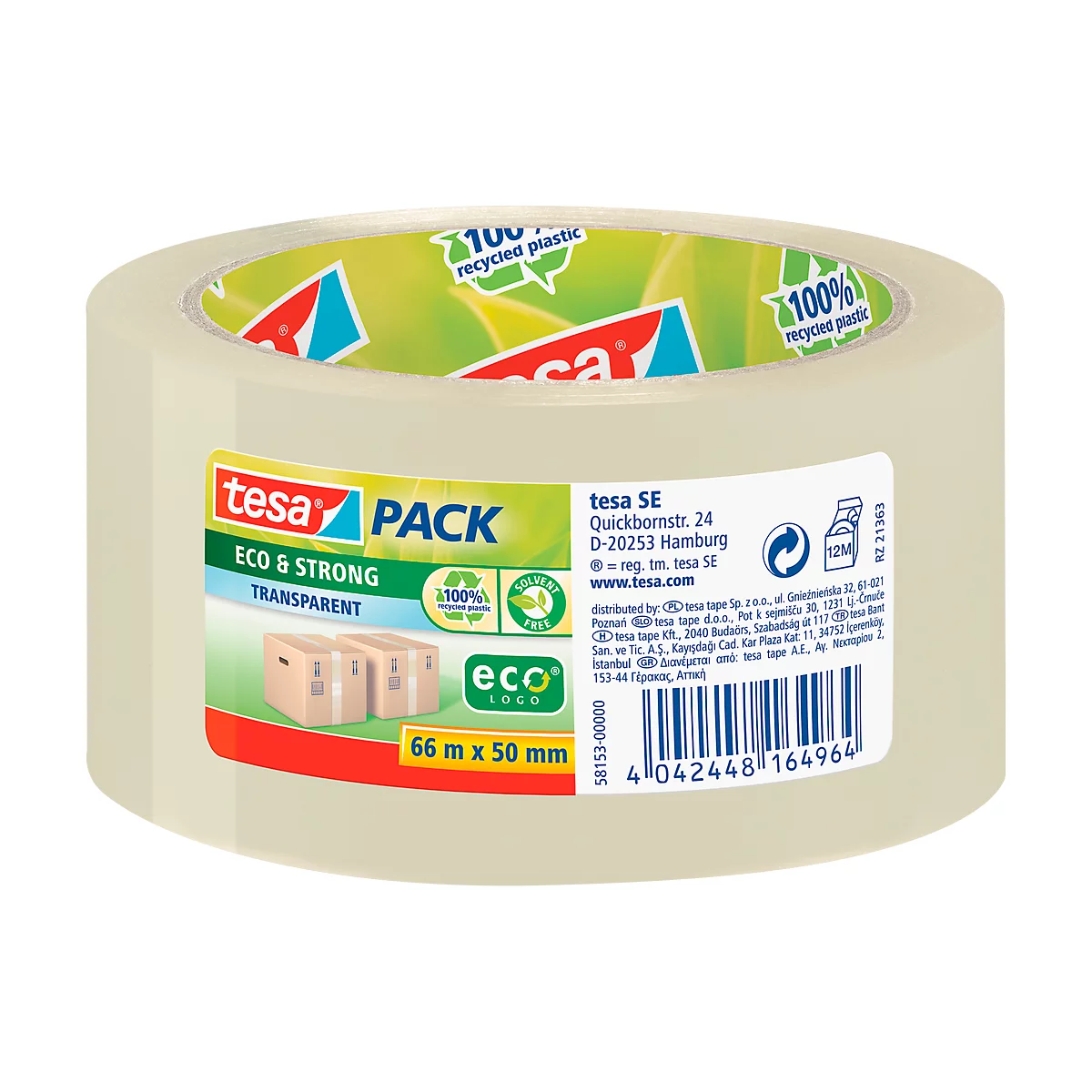 Transparent Tesa tape with product information and logos.