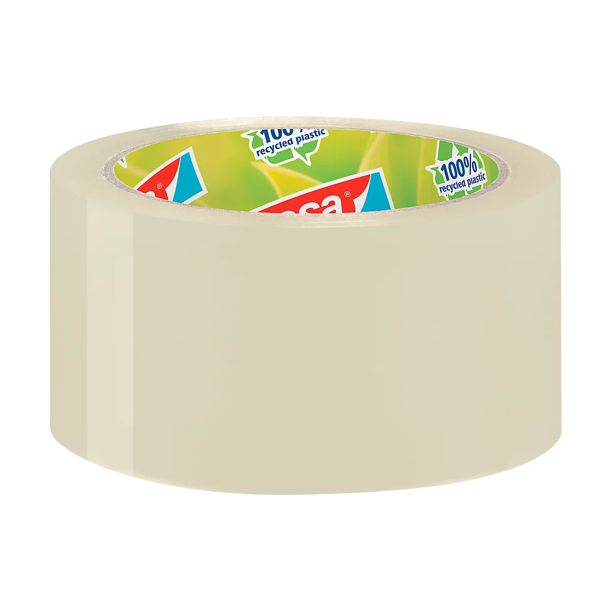 Roll of transparent tape. Printed inside: red logo, green leaves, text. Smooth, light exterior.