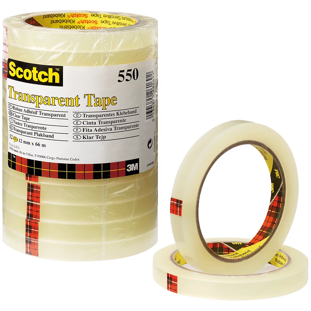 Transparent tape by Scotch, one roll and two individual rolls with red and white pattern.
