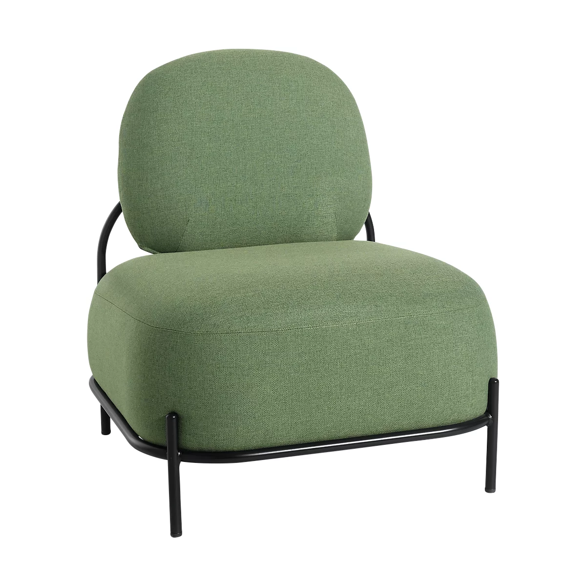 A green armchair with a black metal frame. The seat and backrest are upholstered. The chair has a modern design.