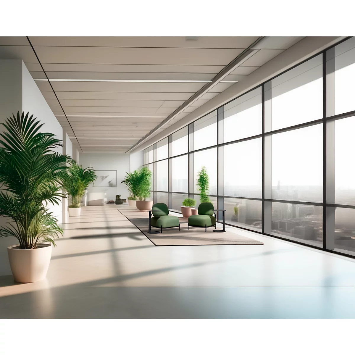 Bright, empty hallway with large windows, green armchairs, and plants.