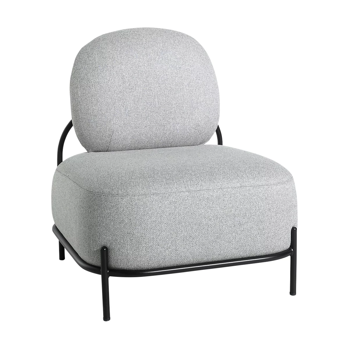 Grey armchair with round back, black metal frame.