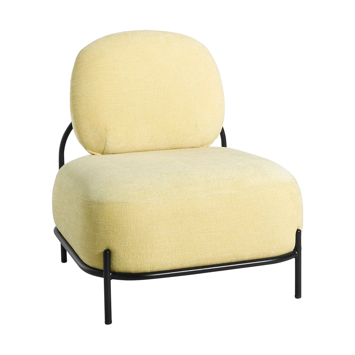 Yellow armchair with black frame. Padded seat and backrest.