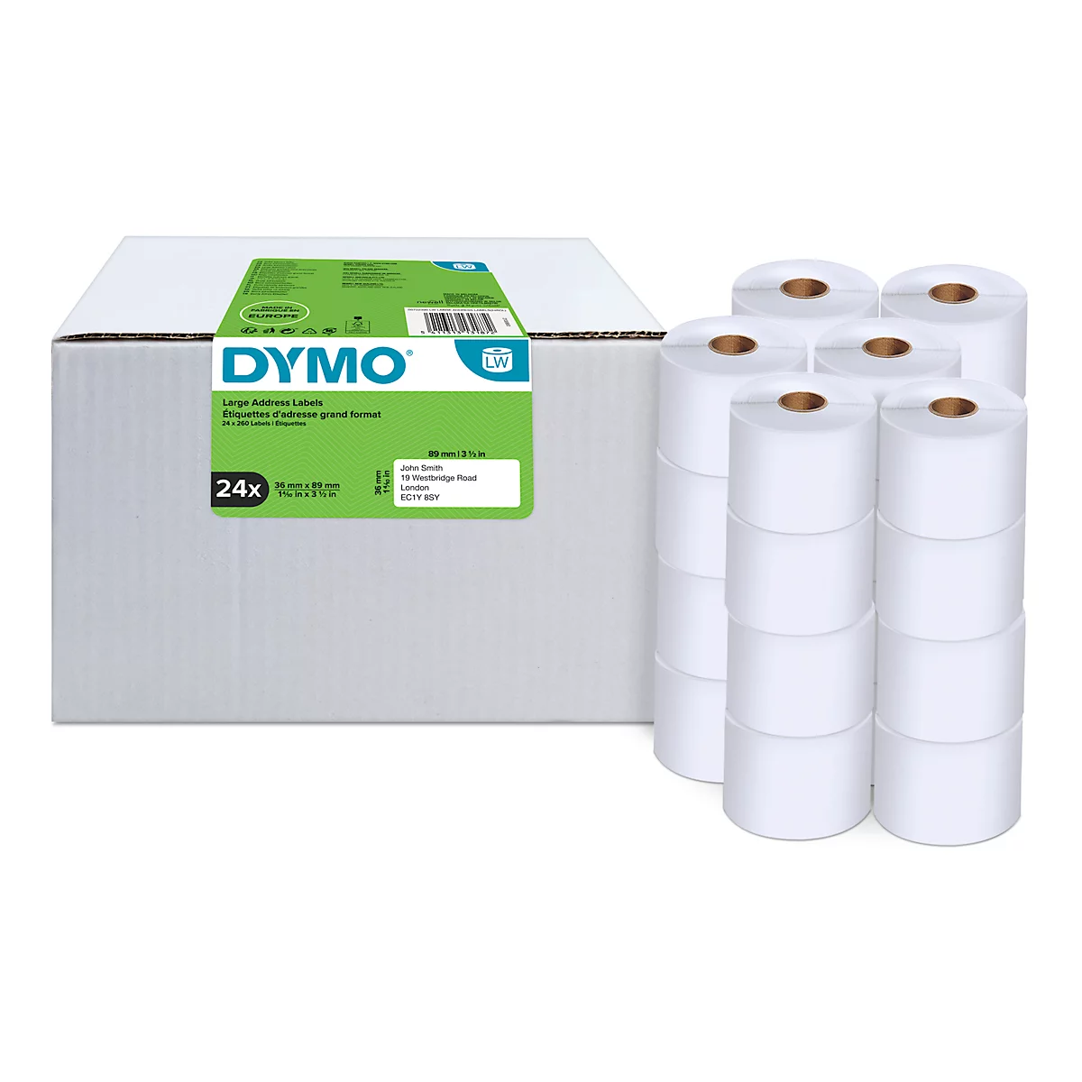 Adresetiketten Dymo® S0722390, 36 x 89 mm, voor internetzegels, permanente kleefstof, papier, wit, 24 rollen met elk 260 stuks