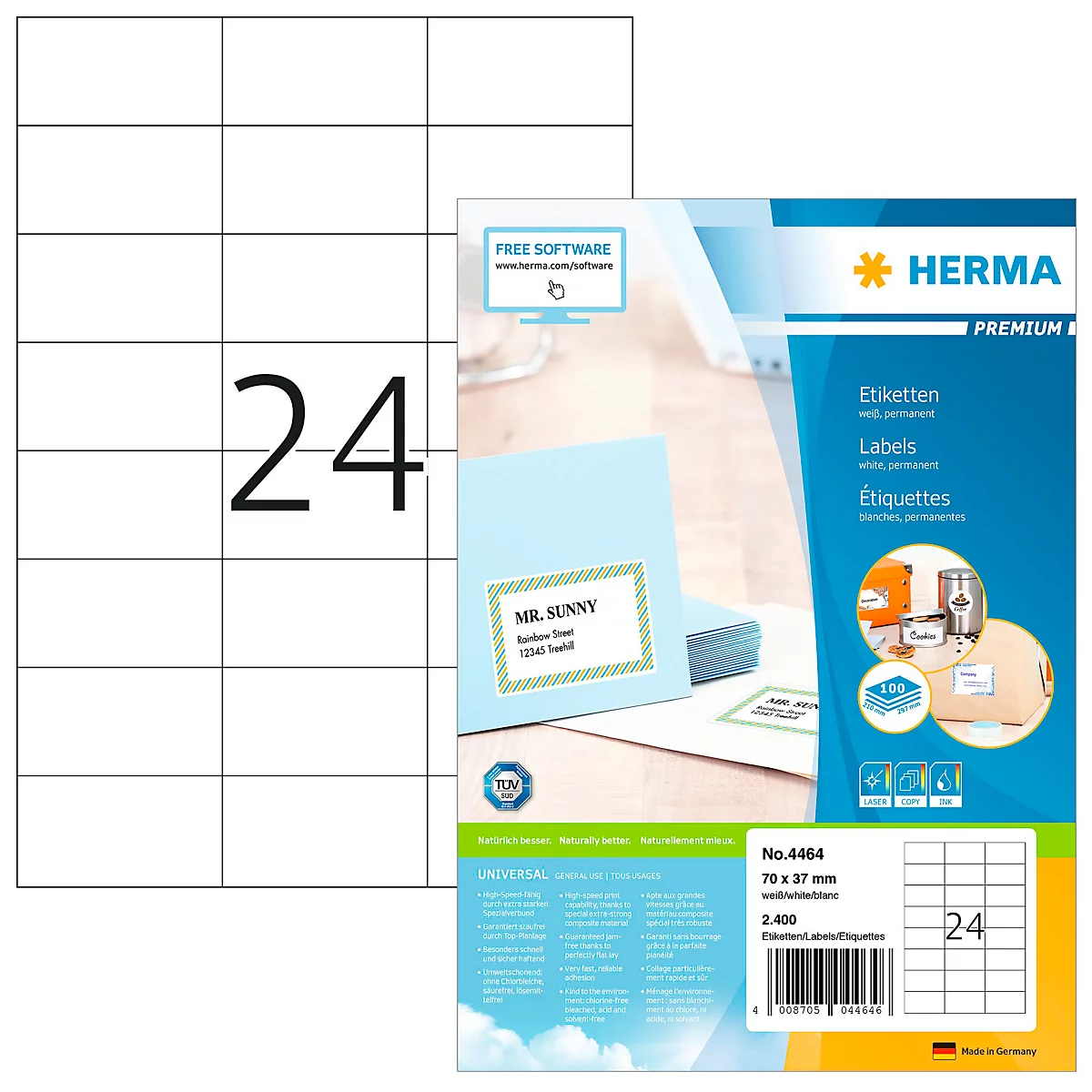 Etikettenblatt mit Aufklebern und Verpackung von HERMA. Auf Verpackung steht 'Etiketten' und 'Labels'.