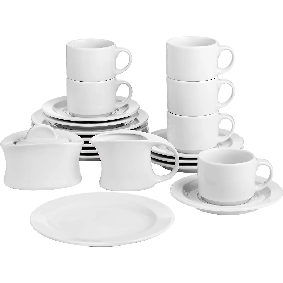 Various white dishes including cups, saucers, plates, sugar bowls and milk jugs.