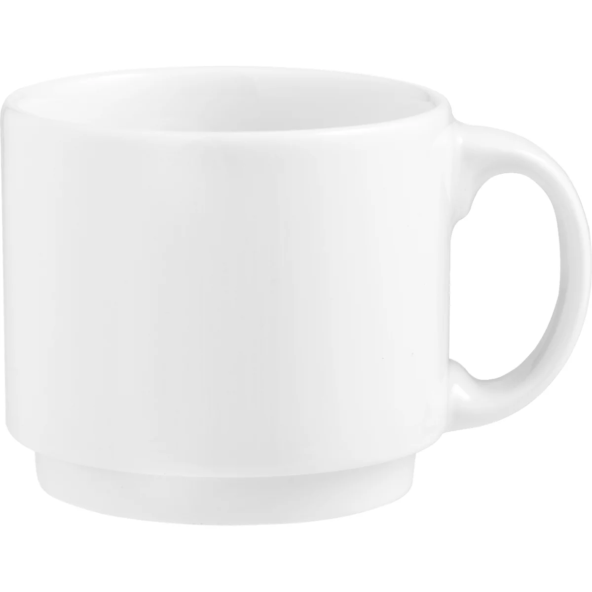 White ceramic mug with handle. The mug has a short foot and is standing upright.