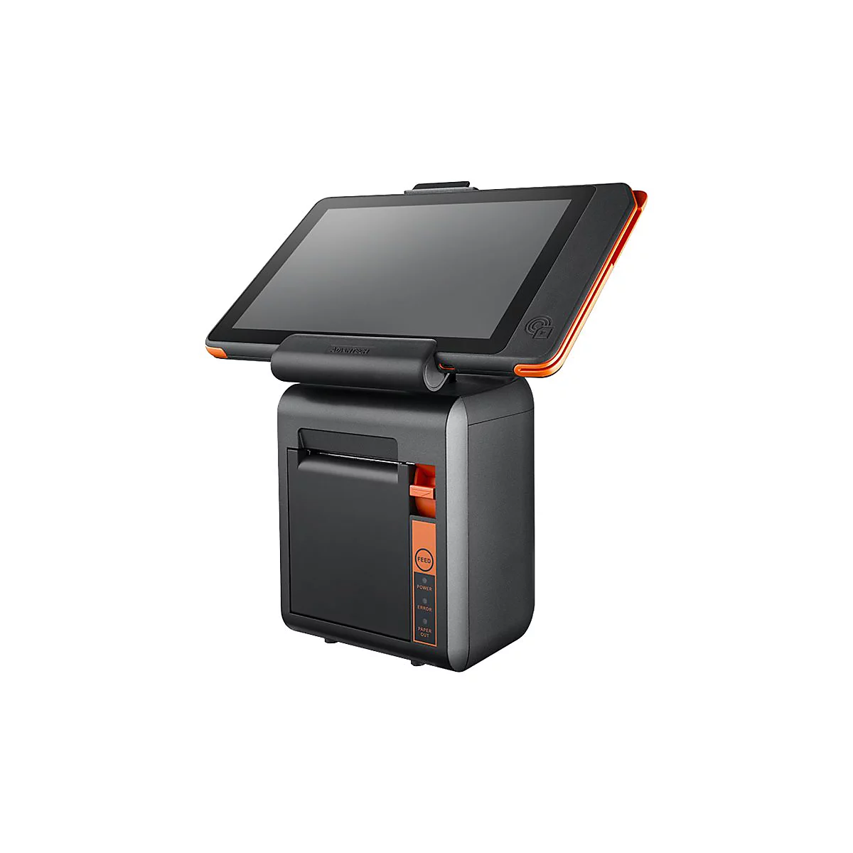 Schwarzes POS-System, Display geneigt, orangefarbene Akzente. Power, Error, Paper Out Indikatoren sichtbar. "ADVANTECH" Text.