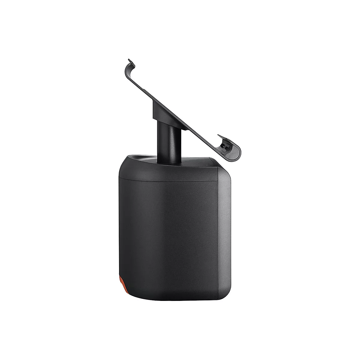 Schwarzes, zylindrisches Gerät mit Halterung. Oben abgewinkelte Halterung, kleiner oranger Punkt an der Basis.