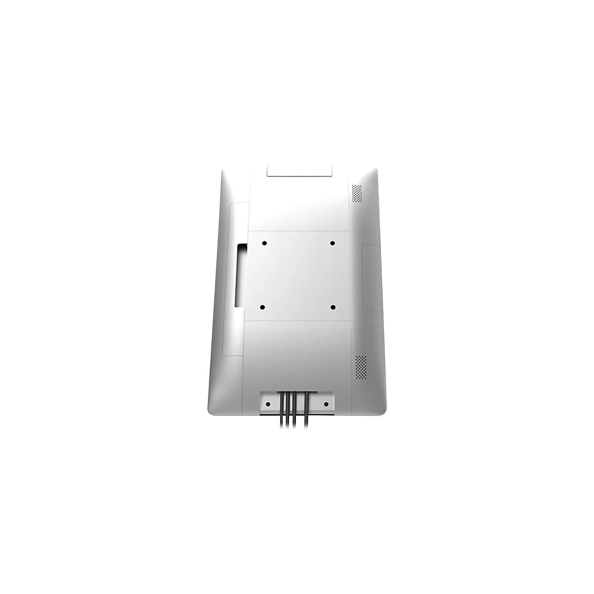 Rückseite eines weißen Monitors mit Lüftungsschlitzen, Schrauben und Kabeln.