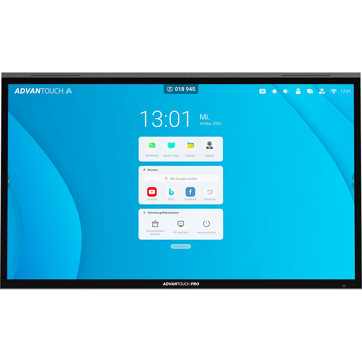 ADVANTOUCH PRO 3 business monitor, 65', IPS-paneel, 3840 x 2160 px, 4K UHD, 8 microfoons, 2 x 8 W/2 x 18 W, HDMI/USB/LAN/WiFi, zwart