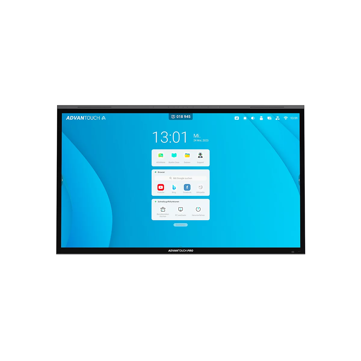ADVANTOUCH PRO 3 business monitor, 86', IPS-paneel, 3840 x 2160 px, 4K UHD, 8 microfoons, 2 x 8 W/2 x 18 W, HDMI/USB/LAN/WiFi, zwart