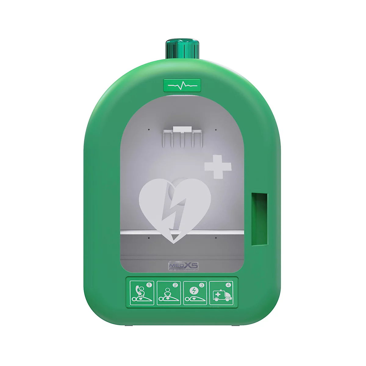 Grüner AED-Kasten mit Herzsymbol, Blitz und Anweisungen.