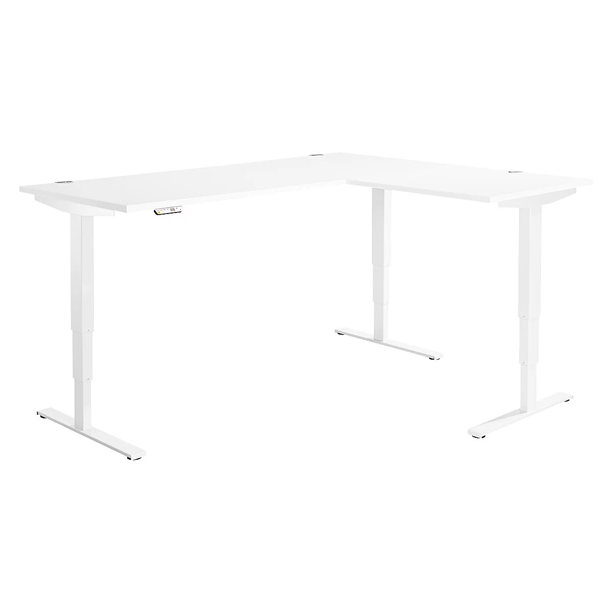 AERO FLEX hoekbureau, elektrisch in hoogte verstelbaar, hoek 90°, T-voet, B 2000 x D 1600 mm, wit/wit + memorypaneel