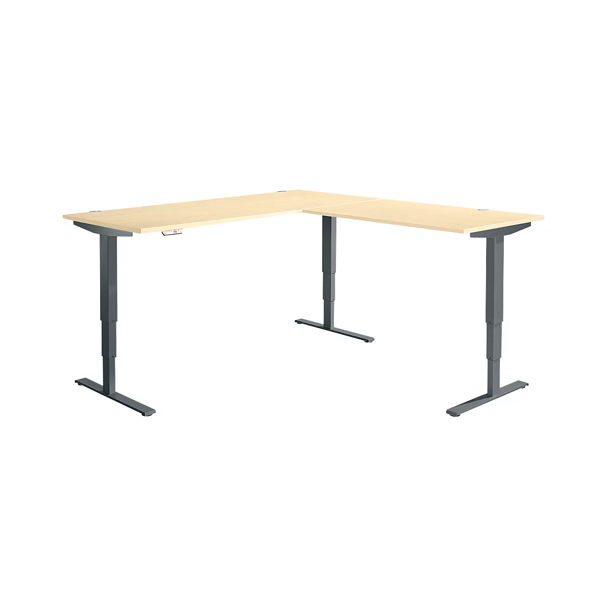 AERO FLEX hoekbureau, elektrisch in hoogte verstelbaar, hoek 90°, T-voet, B 2000 x D 2000 mm, ahorn/antraciet + memorypaneel