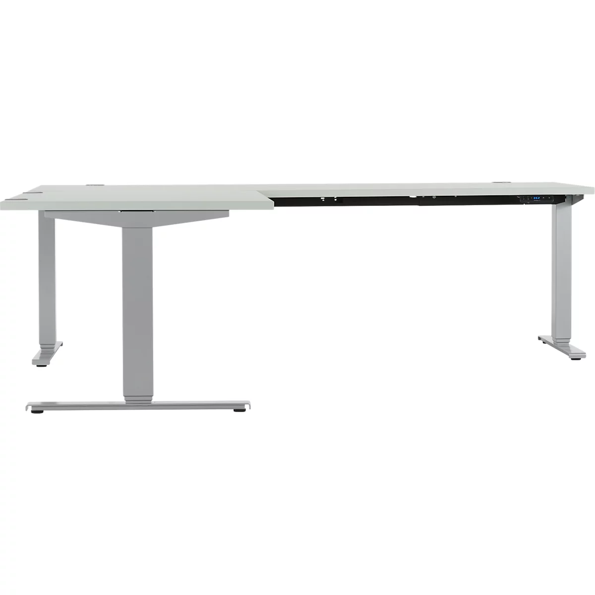 AERO FLEX hoekbureau, elektrisch in hoogte verstelbaar, hoek 90°, T-voet, B 2000 x D 2000 mm, aluminium lichtgrijs/wit + memorypaneel