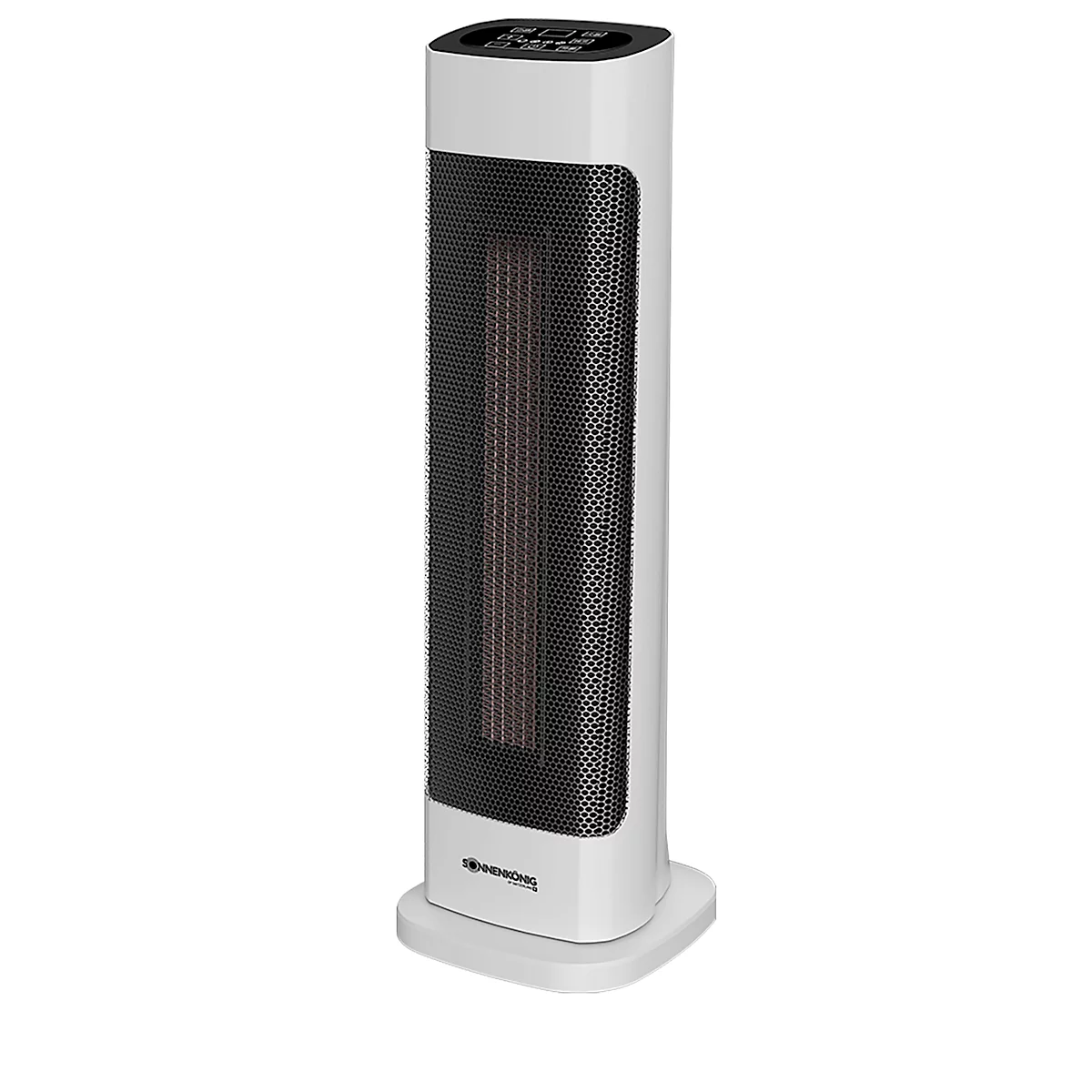 Chauffage tour blanc avec grille noire et surface de chauffage marron.