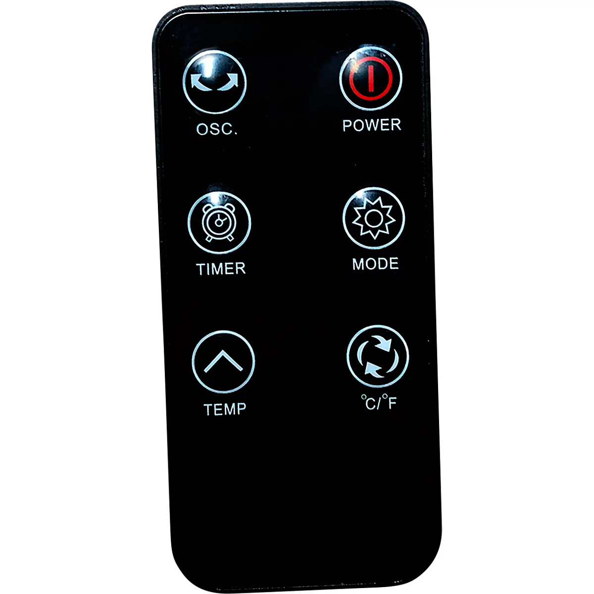 Télécommande noire avec boutons lumineux : alimentation, mode, minuterie, température, °C/°F, oscillation. Le bouton d'alimentation rouge s'allume.