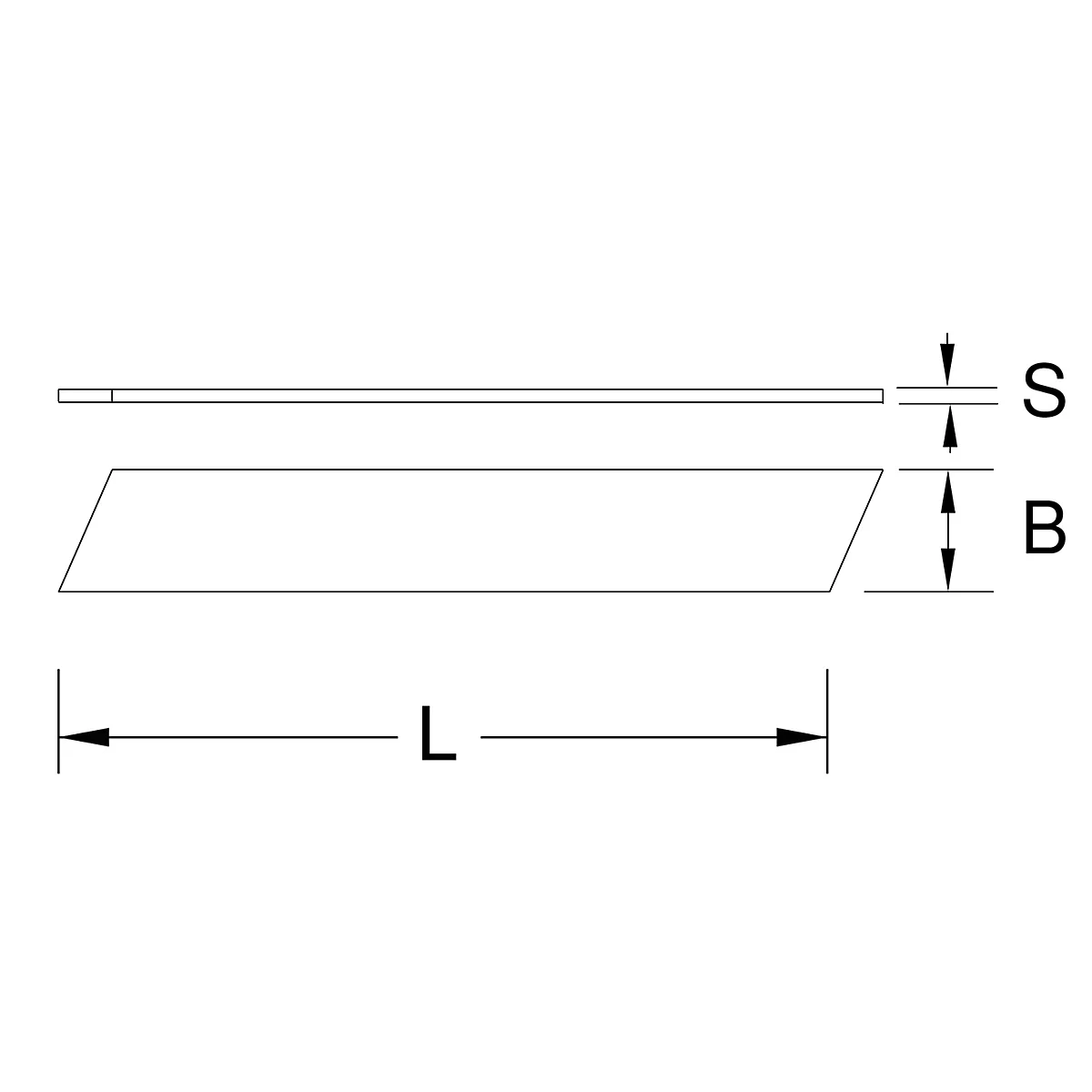 Technische tekening: Twee parallelle rechthoeken met labels (L, B, S) voor lengte- en breedtematen.