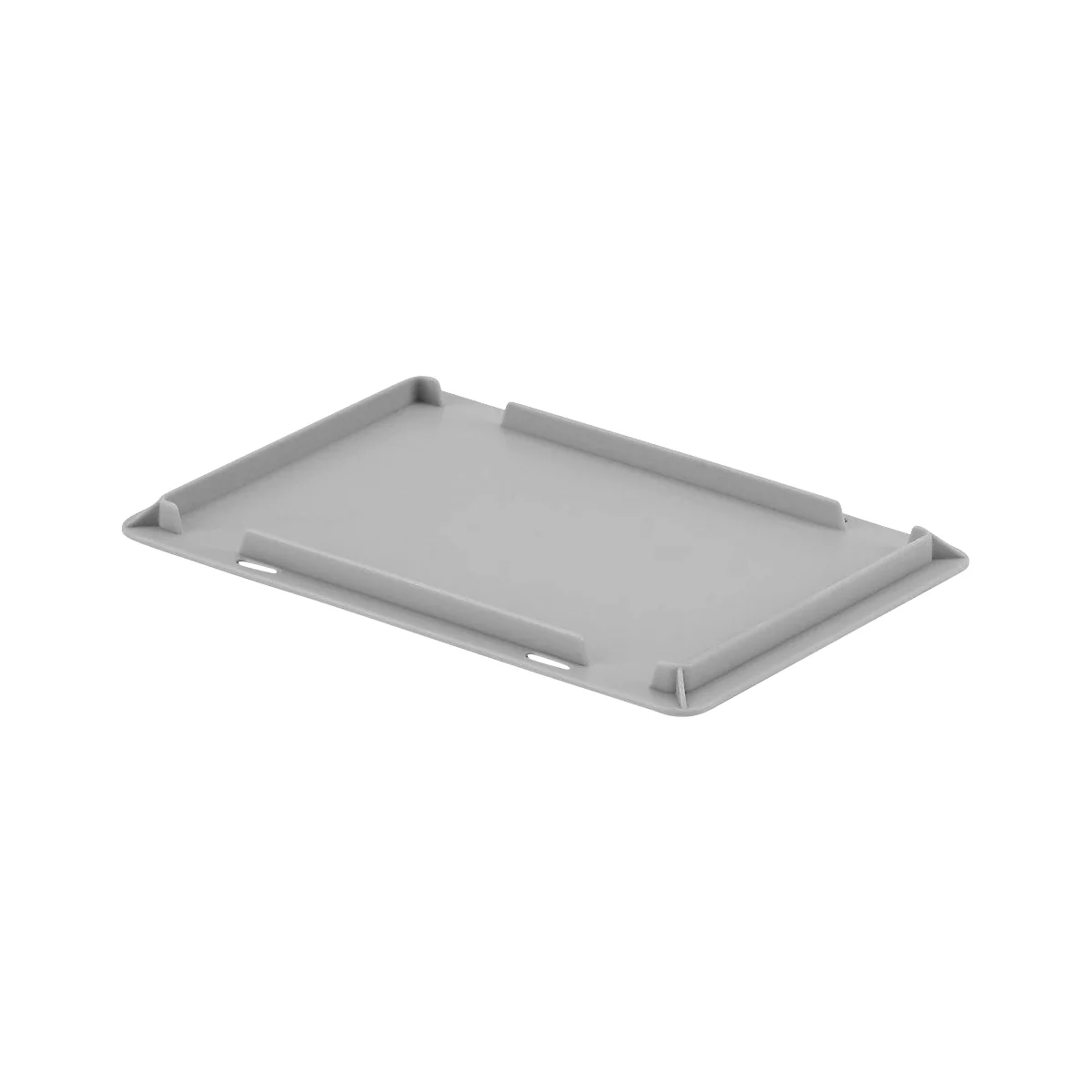 Grijze plastic afdekking met opstaande randen en rechthoekige vorm.