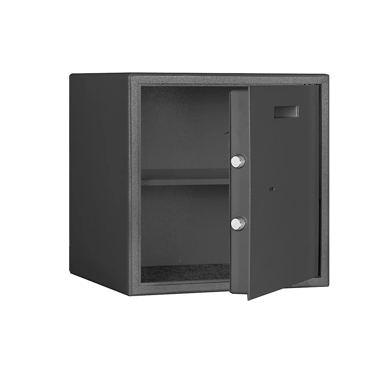 Afdekkluis F 2, inhoud 42 l, deur rechts draaiend, dubbelbaardsluiting met 2 sleutels, 2 legborden, incl. bevestigingsmateriaal, B 380 x D 350 x H 380 mm, grafietgrijs RAL 7024