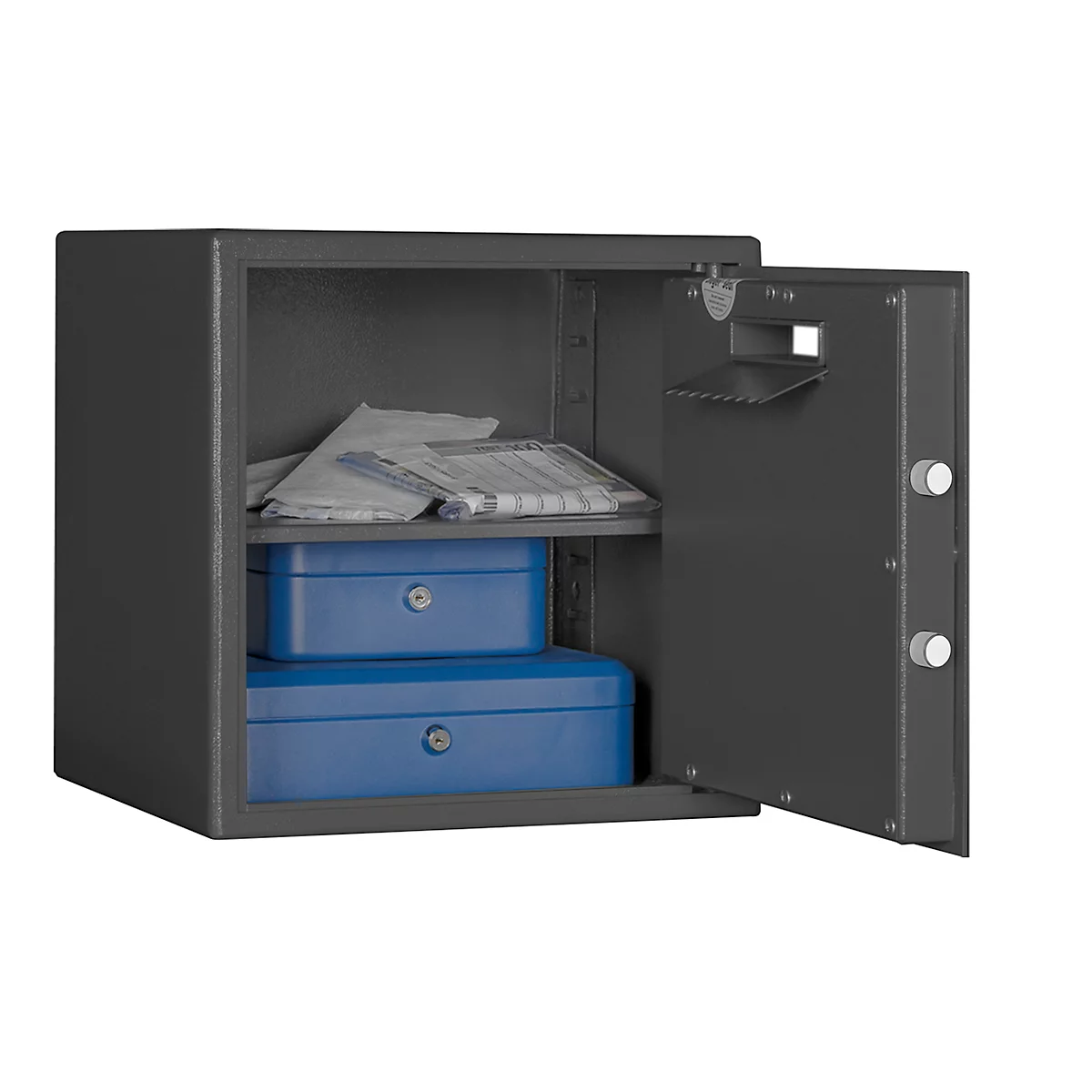 Afdekkluis F 2, inhoud 42 l, deur rechts draaiend, dubbelbaardsluiting met 2 sleutels, 2 legborden, incl. bevestigingsmateriaal, B 380 x D 350 x H 380 mm, grafietgrijs RAL 7024