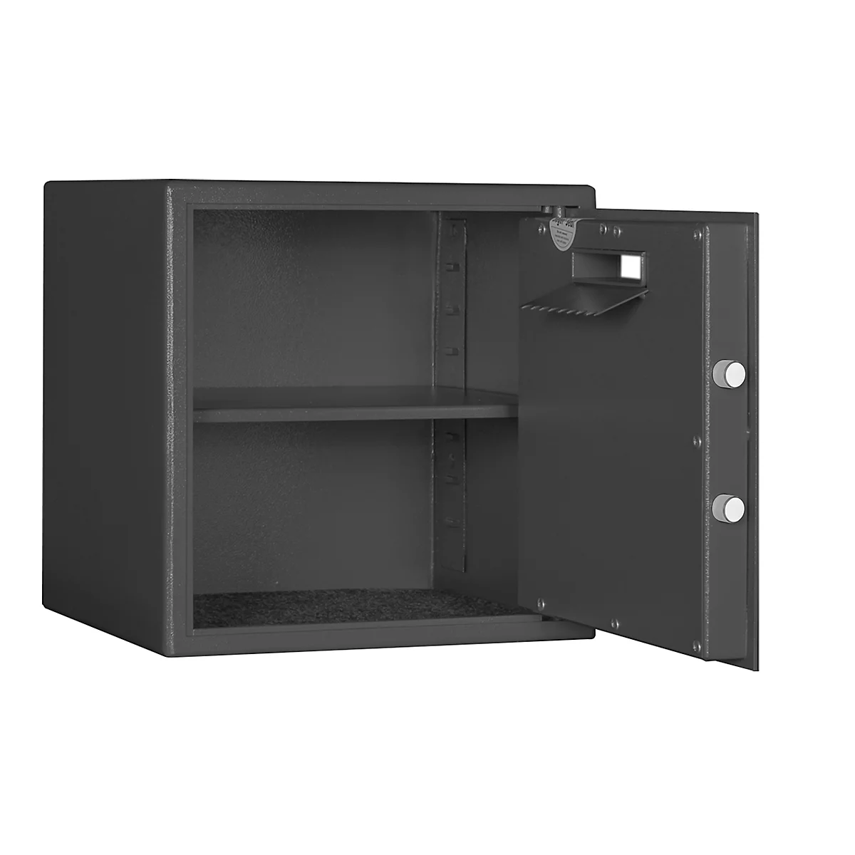 Afdekkluis F 2, inhoud 42 l, deur rechts draaiend, dubbelbaardsluiting met 2 sleutels, 2 legborden, incl. bevestigingsmateriaal, B 380 x D 350 x H 380 mm, grafietgrijs RAL 7024