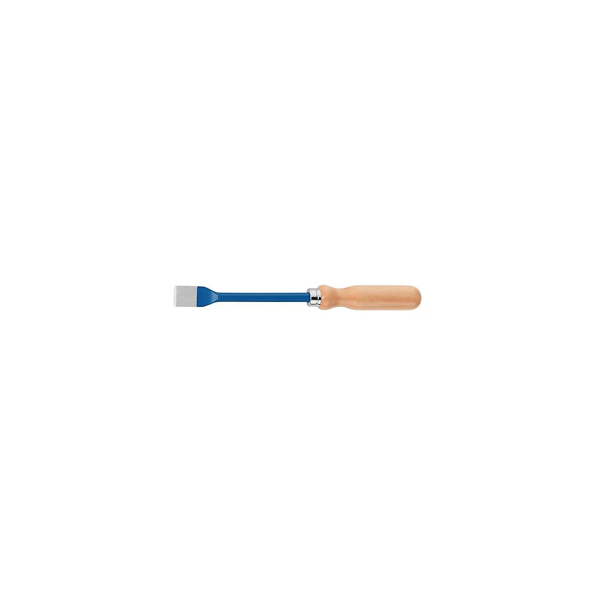 Een blauwe beitel met een houten handvat. Het lemmet is rechthoekig en zilver.