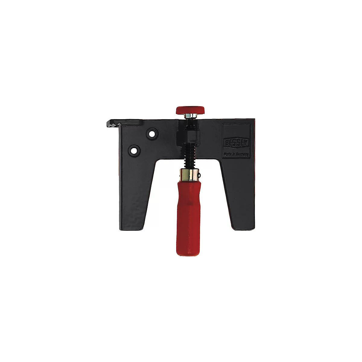 Zwarte gereedschapsklem met rode handgreep en rode knop. Opdruk: Bessey.