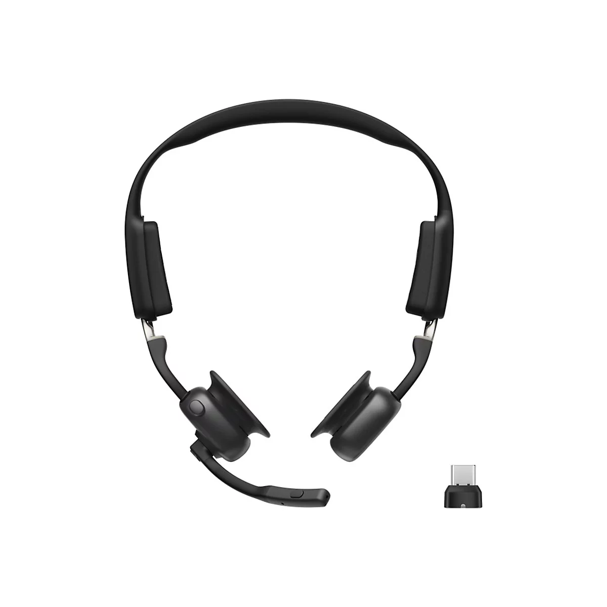 Casque noir avec microphone et adaptateur USB-C sur fond blanc.