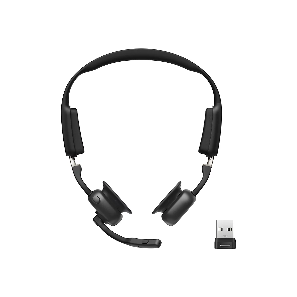 Casque noir avec adaptateur USB sur fond blanc.