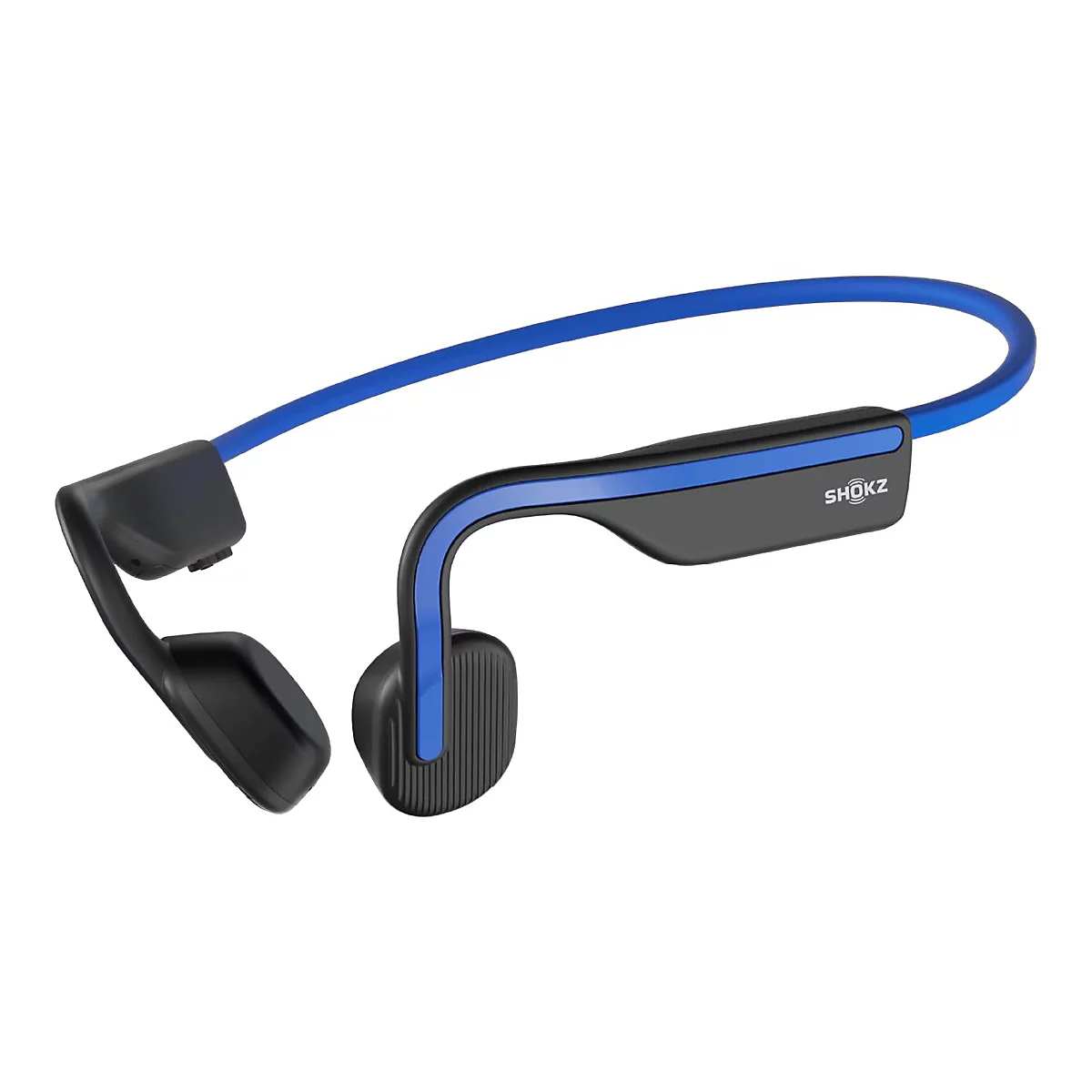 Blau-schwarzer Shokz Knochenschall-Kopfhörer mit Nackenbügel vor weißem Hintergrund.