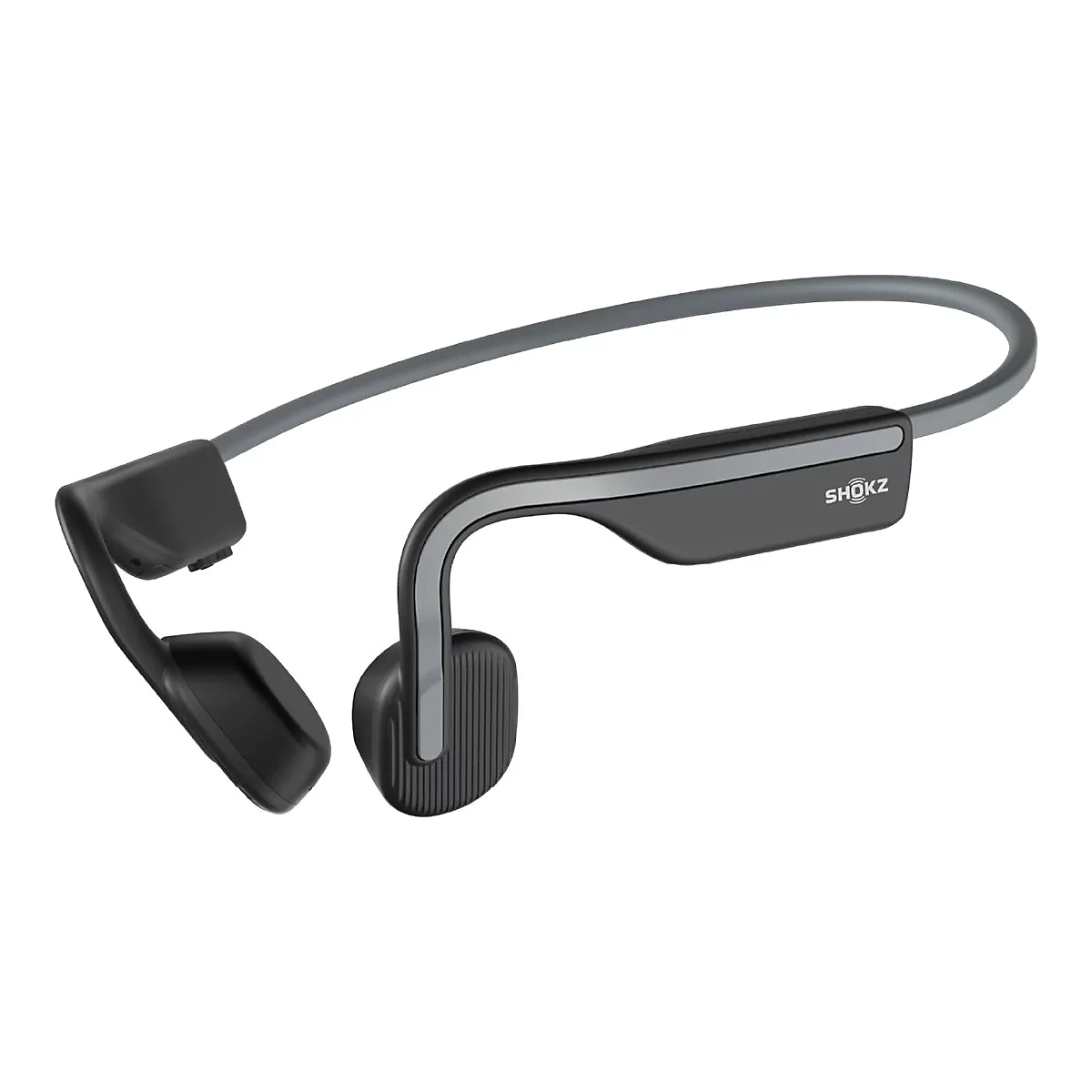 Schwarzer Shokz Knochenschall-Kopfhörer mit grauem Nackenbügel auf weißem Hintergrund.