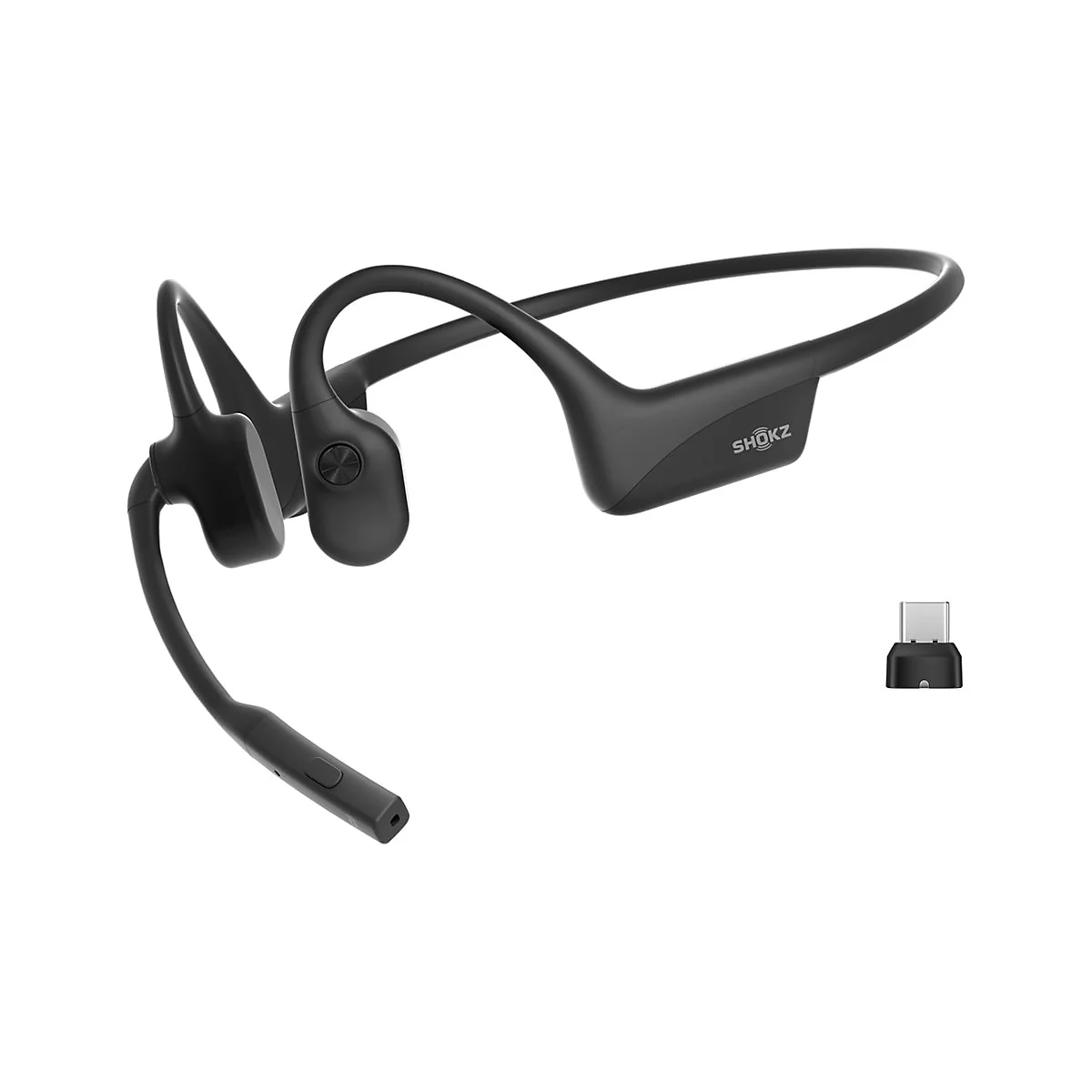 Schwarzer Knochenschall-Kopfhörer mit USB-C-Adapter. Die Marke Shokz ist auf dem Bügel sichtbar.