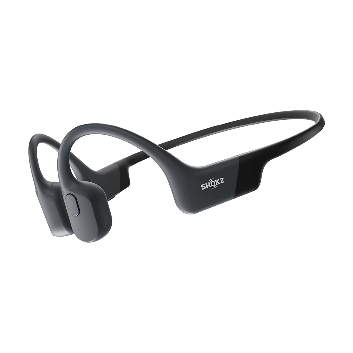 Schwarze Shokz Open-Ear-Kopfhörer mit Bügeldesign vor weißem Hintergrund.
