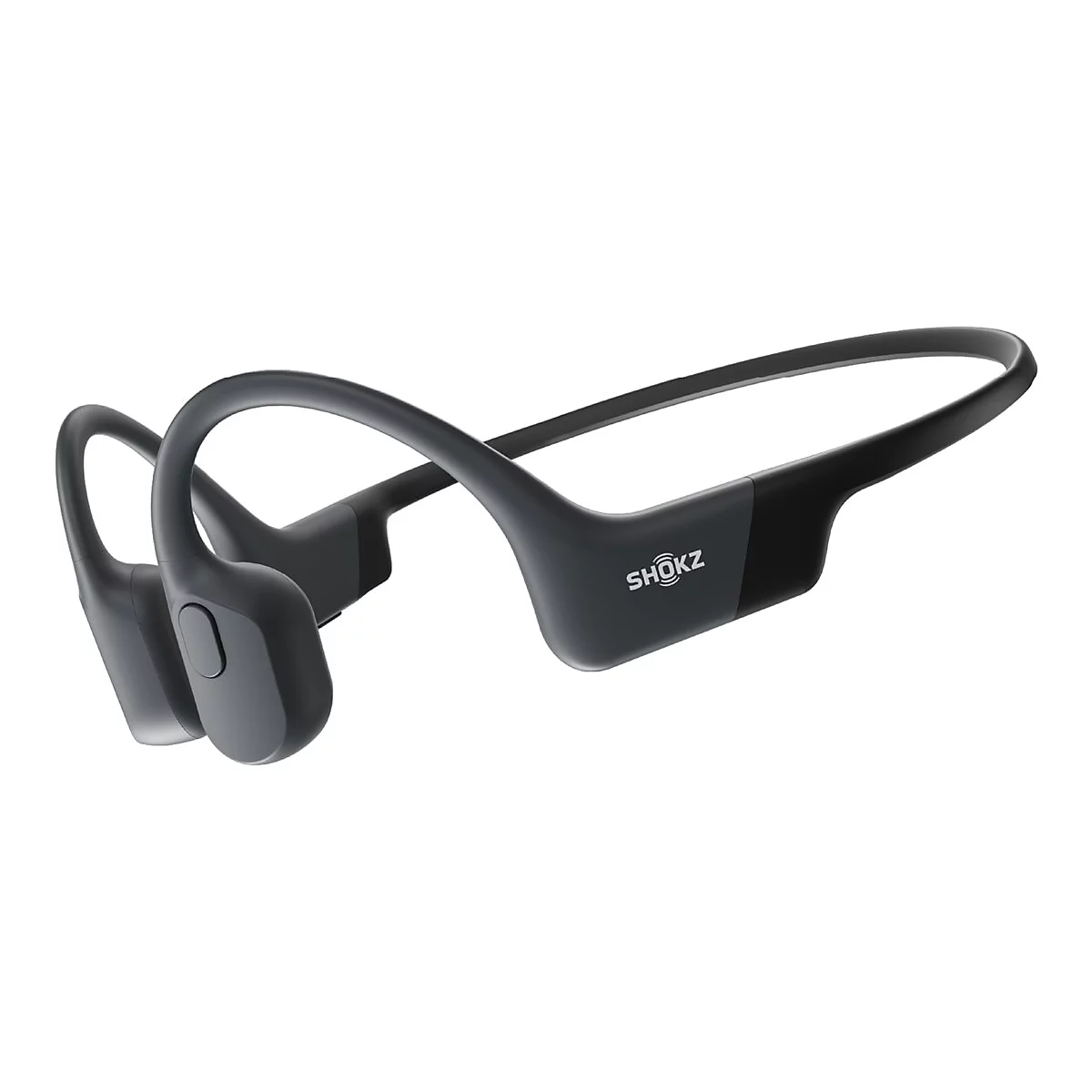 Schwarze Knochenschall-Kopfhörer von Shokz mit Nackenbügel vor weißem Hintergrund.