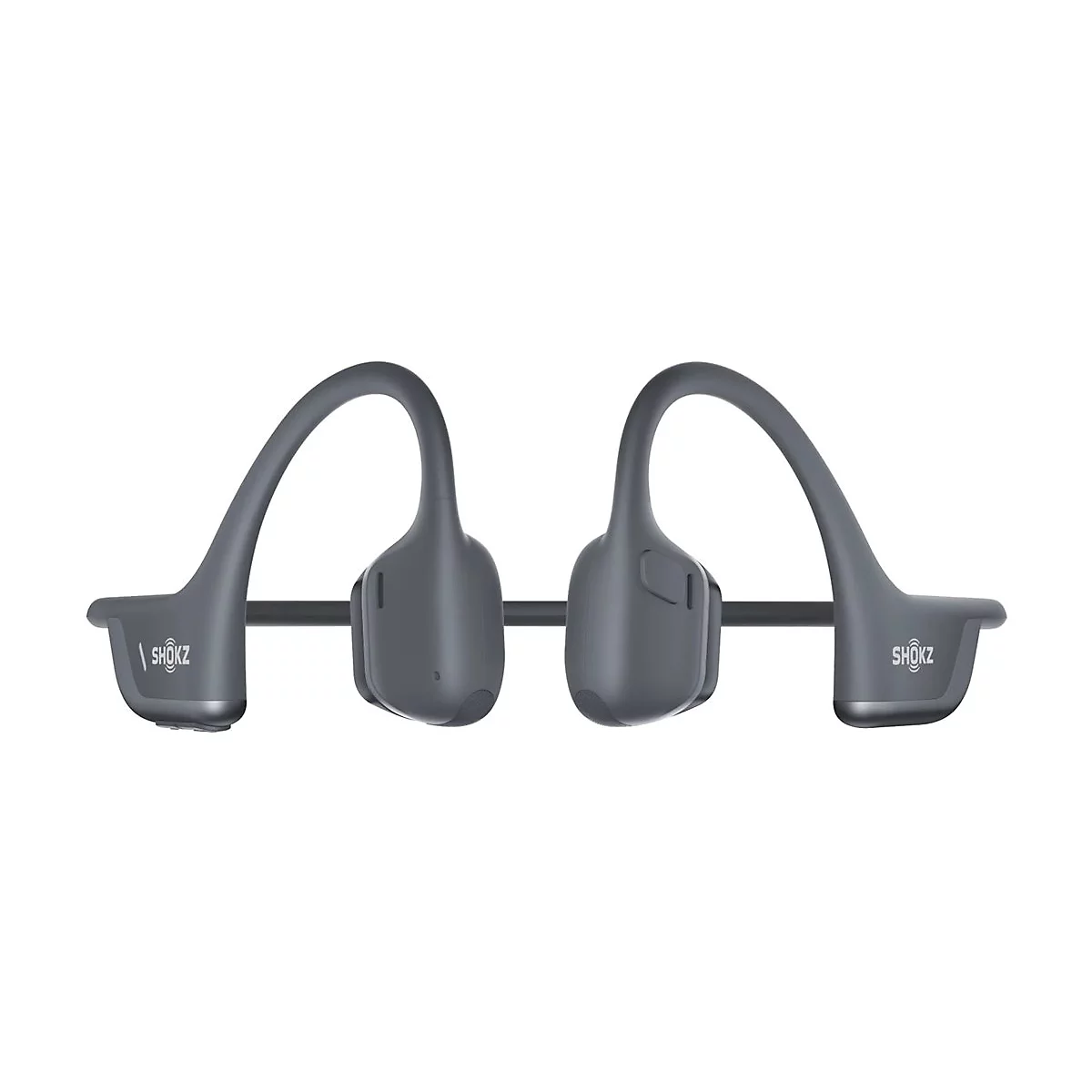 Dunkelgraue Knochenschall-Kopfhörer von Shokz vor weißem Hintergrund.