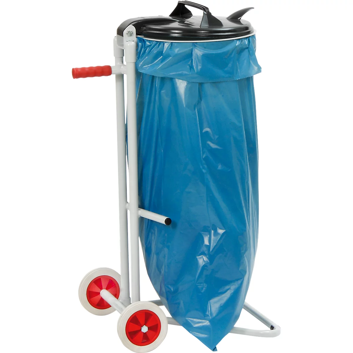 Afvalbak Fetra 1386, verrijdbaar, voor afvalzakken met een inhoud van 120 l, met deksel en klemring, handgreep, B 500 x H 960 mm, staal en PVC, lichtgrijs