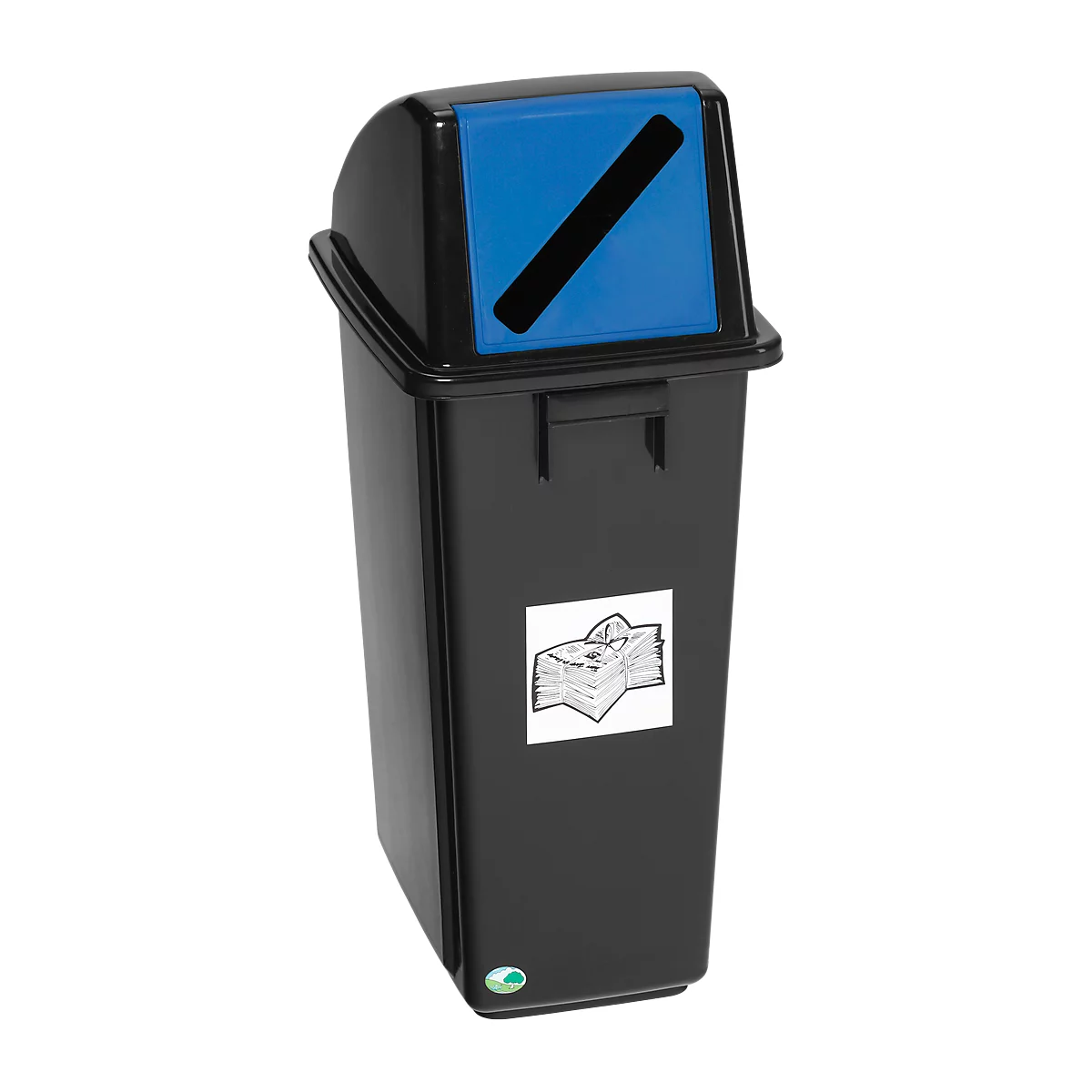 Zwarte vuilnisbak met blauw deksel en zwarte streep. Sticker met stapel papier.