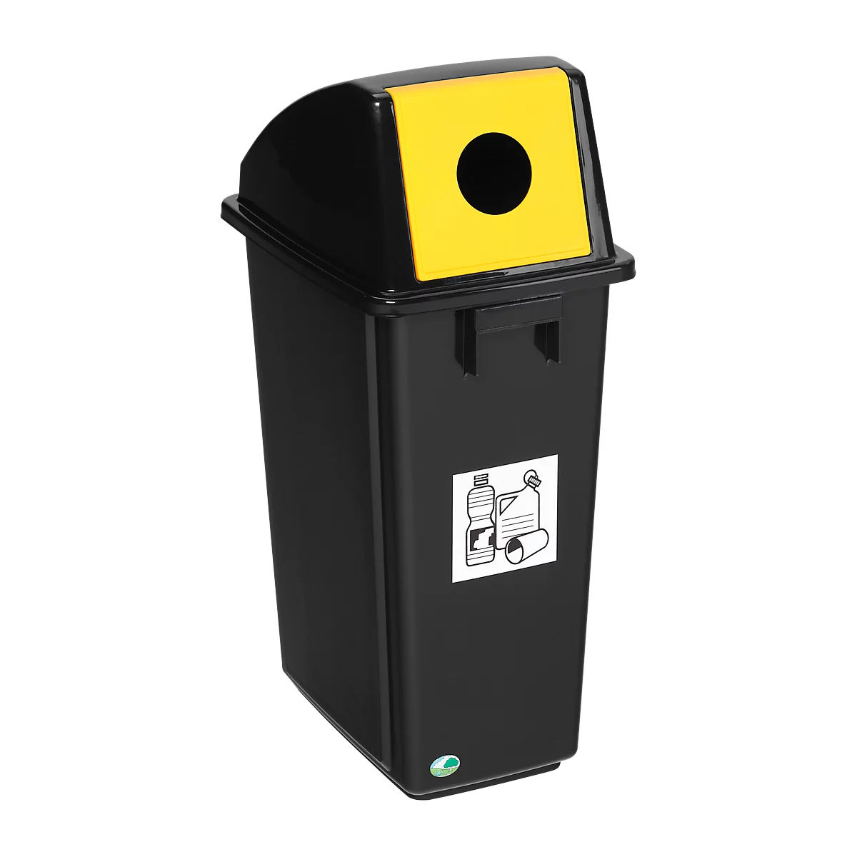 Zwarte prullenbak met gele deksel, rond gat en recyclingsymbool. Ideaal voor glas- en plastic afval.