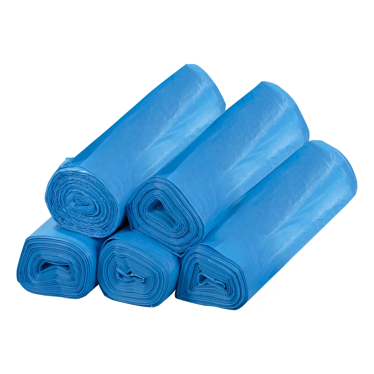 Stapel blauwe vuilniszakken, opgerold.