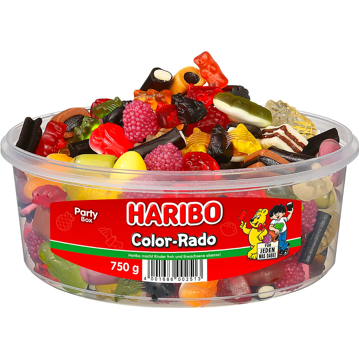 Een bak met Haribo Color-Rado partymix met kleurrijke gummies. Rood label: "HARIBO Color-Rado".