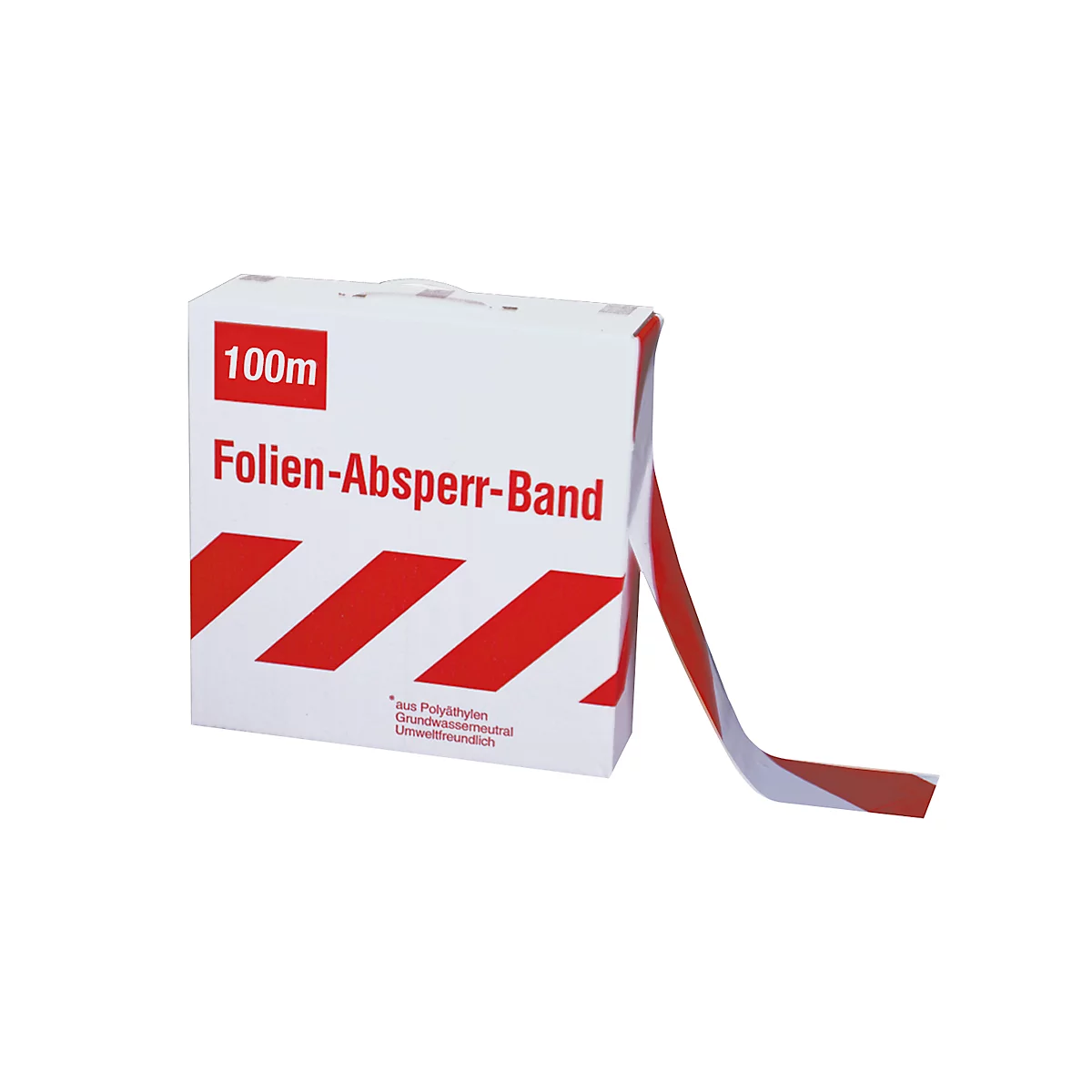 Dispenserdoos voor rood-wit afzetlint met 100m lengte op een witte achtergrond.